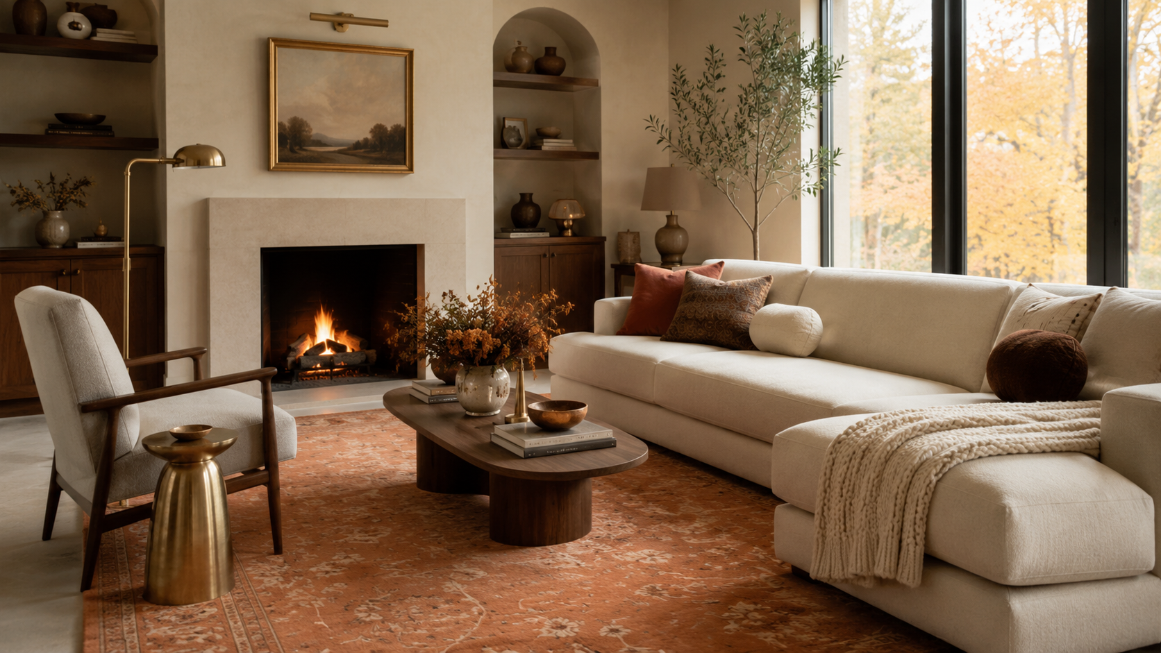Cream and walnut living room with an elegant muted persimmon area rug as the main color statement
